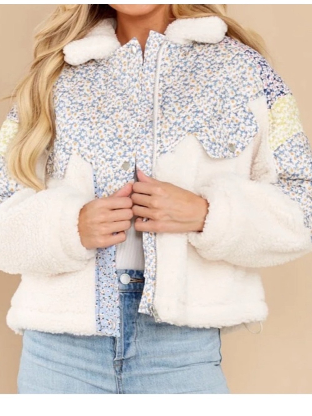 Blank NYC Cream Sherpa Jacket with Blue & Yellow Floral Panels